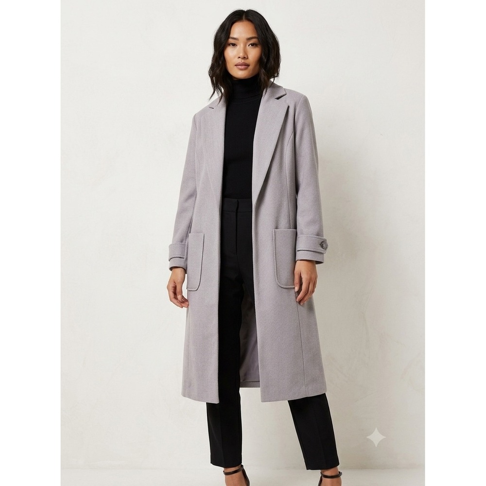 River Island Herringbone Duster Coat Womens 8 Grey Long Open Front Layering Chic